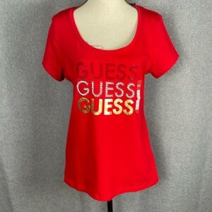 GUESS Women's Short Sleeve Red Rhinestone Graphic Tee T Shirt Top Size  NWT 838